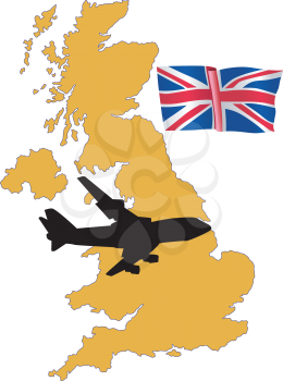 Royalty Free Clipart Image of a Plane Flying Over the United Kingdom