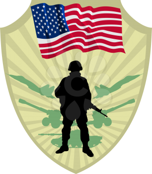 Royalty Free Clipart Image of an American Crest with a Flag and Soldier