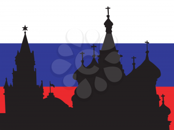 silhouette of Moscow on Russian flag background