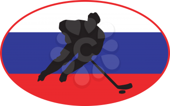 hockey player on background of flag of Russia