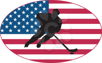 hockey player on background of flag of United States