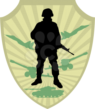 Silhouette of soldier on military coat of arm background