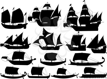 set of silhouettes of ancient sail boats