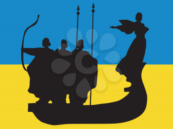 silhouette of Kyiv on Ukrainian flag background