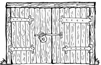 Old wooden, locked gate on white background