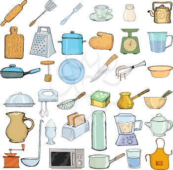 set of hand drawn, vector illustration of kitchen objects