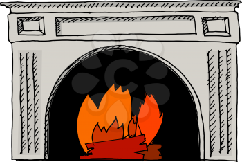 hand drawn, vector, sketch illustration of fireplace