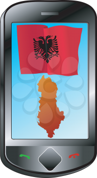 Mobile phone with flag and map of Albania