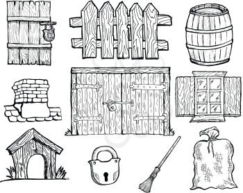 Set of hand drawn, vector illustration of vintage rural objects