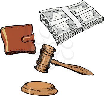 Royalty Free Clipart Image of Money, a Wallet and Gavel
