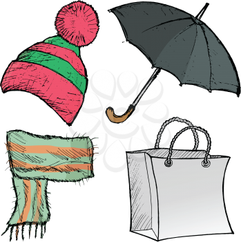 Royalty Free Clipart Image of a Hat, Scarf, Umbrella and Bag