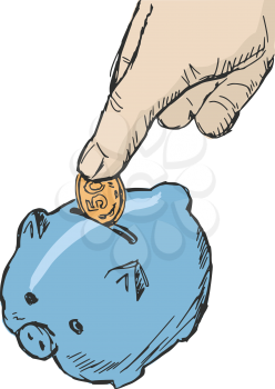 Royalty Free Clipart Image of a Hand Putting Money in a Piggy Bank