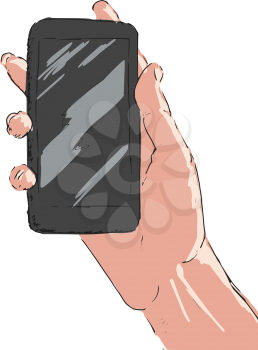 hand drawn, sketch of hand with smartphone