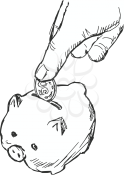 hand drawn, cartoon, sketch illustration of piggy bank