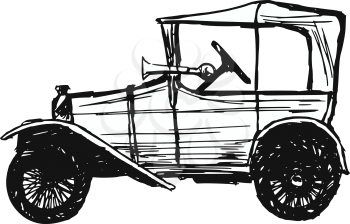 hand drawn, sketch, cartoon illustration of retro car