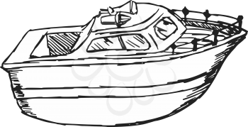 hand drawn, cartoon, sketch illustration of motor boat