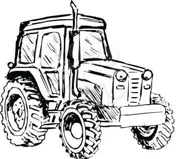 hand drawn, cartoon, sketch illustration of tractor