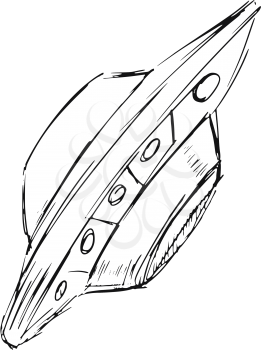hand drawn, cartoon, sketch illustration of flying UFO