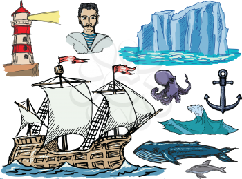 set of illustration of marine related motives