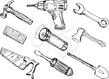 hand drawn, doodle, sketch illustrations of tools