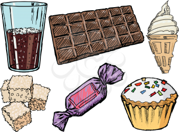 set of sketch illustration of sweet foods and drinks