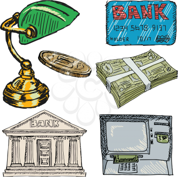 set of hand drawn sketch illustrations of banking objects
