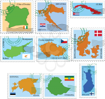 set of vector stamps with national flags and maps