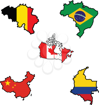 Illustration of flag in map of Belgium,Brazil,Canada,China,Colombia
