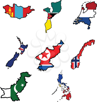 Illustration of flag in map of Mongolia,Mozambique,Netherlands,New Zealand,North Korea,Norway,Pakistan,Philippines
