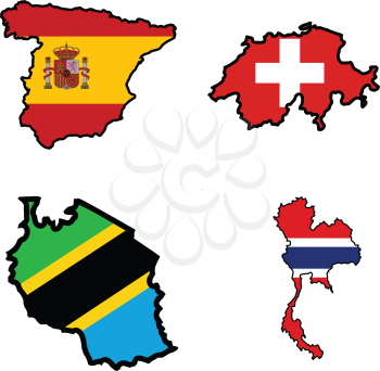 Illustration of flag in map of Spain,Switzerland,Tanzania,Thailand