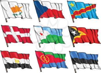 set of hand drawn sketch illustrations of national flags