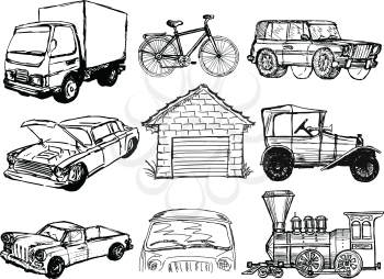 set of sketch illustrations of transportation