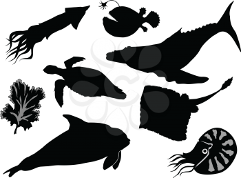 set of silhouettes of sea animals