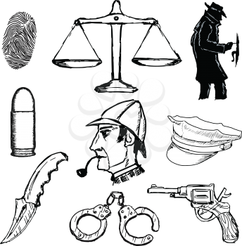 set of sketch illustration of detective objects