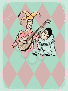 vintage, grunge background with Harlequin and Pierrot