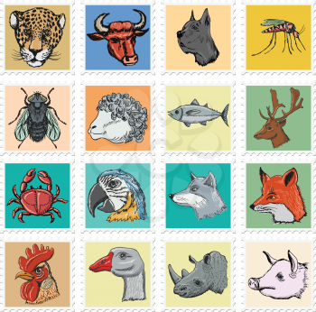 animal stamps with crab, wolf, deer and other animals