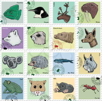 animal stamps with jackal, koala, ant and other animals
