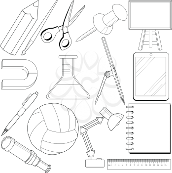 set of outline illustrations of school related objects