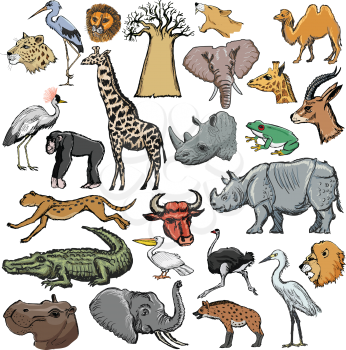 set of animals with elephant, crocodile, lion, rhinoceros, giraffe