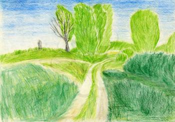hand drawn illustration, raster graphics, artistic, illustration of landscape with rural scene, field and path