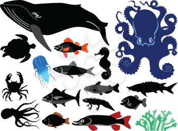 set of silhouettes of water animals