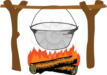 vector, coloured illustration of campfire with kettle