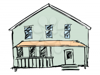 Hand drawn, vector, sketch illustration of individual cottage. Typical village home for one family. Classical style, made from different materials. Motive of everyday life