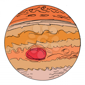 Hand drawn, sketch, vector illustration of Jupiter. Fourth and biggest planet of Solar system. Gaseous giant with great red spot. Motive of astronomy and science research