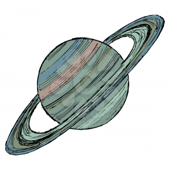 Hand drawn, sketch, vector illustration of Saturn. Named of Roman god of time. Sixth planet and second-largest of Solar system. Planet has planetary rings of Saturn rings. Motive of astronomy