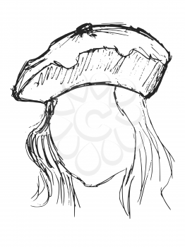 Vector, hand drawn, sketch illustration of beret on head of mannequin. Motives of fashion and styles, objects of clothes