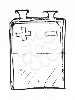 Vector, hand drawn, sketch illustration of square battery. Motives of energy saving, electric devices