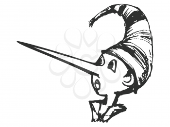 Vector, hand drawn, sketch illustration of Pinocchio with long nose. Motives of fairy tales, image of liar, epithet of lies