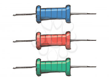 Hand drawn, colored, vector illustration of radio components or resistors. Motives of electrics, modern technics and repair