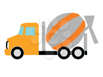 Vector, colored illustration of concrete mixer car. Flat style. Side view. Motives of road equipment, industrial and constructive objects